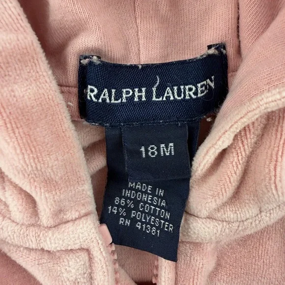 Polo Ralph Lauren Hooded Jacket Girls 18M Toddler Pink Velour Full Zip Hoodie - Picture 4 of 7